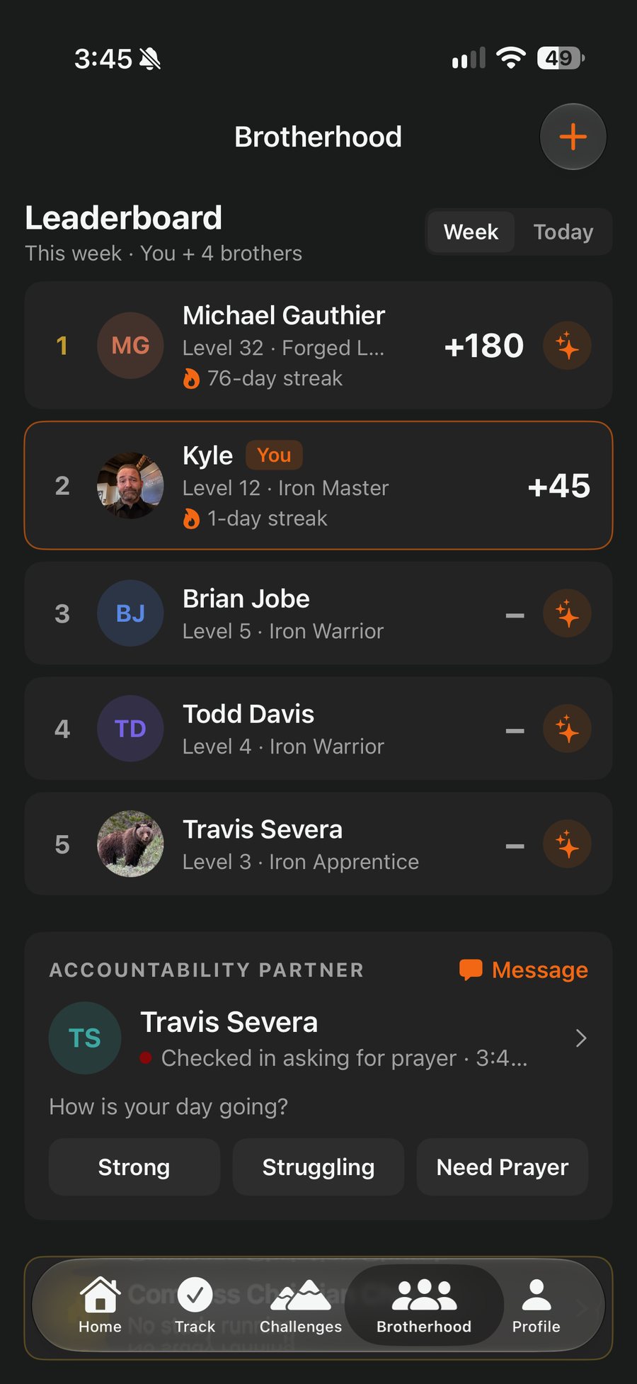Brotherhood: this week's leaderboard of four brothers with levels and streaks, and the accountability partner card with Strong, Struggling and Need Prayer