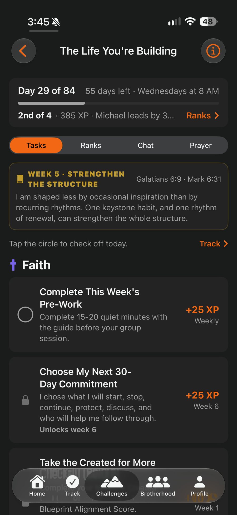 The Life You're Building on day 29 of 84, week 5, Strengthen the Structure: this week's pre-work, the 30-day commitment and the check-in, each with XP