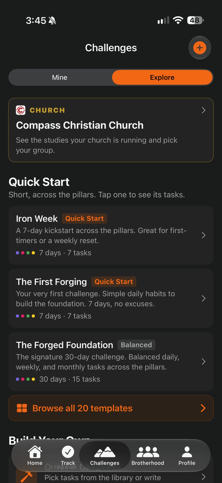 The Challenges tab's Explore view: a Compass Christian Church card that opens the studies the church is running, then quick-start challenges below