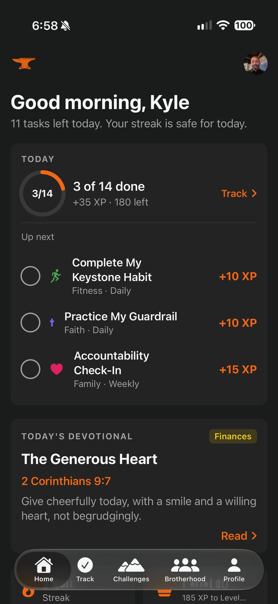 The Home screen: Good morning, Kyle, 3 of 14 done today, the next three tasks up, and today's devotional